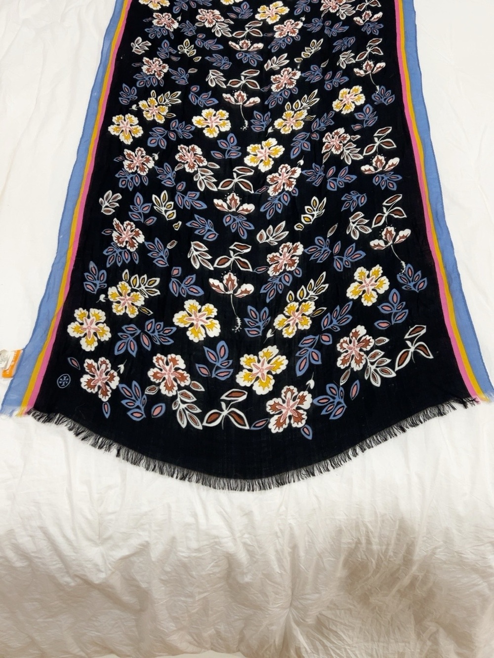 Tory Burch 100% Wool Floral Scarf Black Multicolor Fringe 29” x 72”